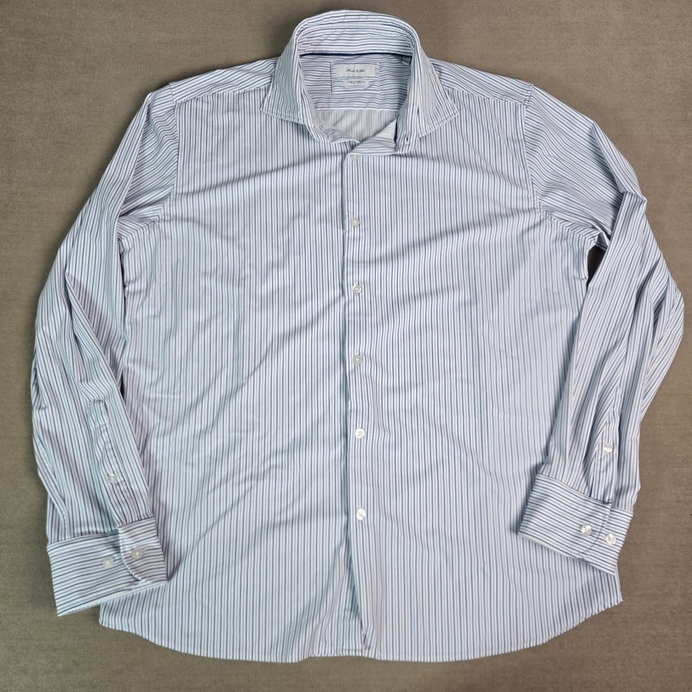 Porter & Ash Kinetic Stretch Men XL Blue White Striped Button Down Shirt*measure